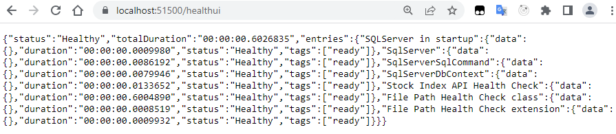 Health check results at the specified /healthui endpoint